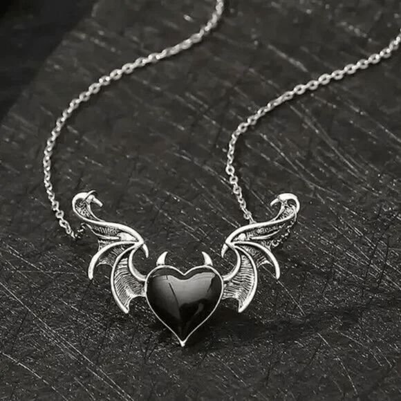 SILVER BLACK ONYX HEART WING NECKLACE - Picture 1 of 4
